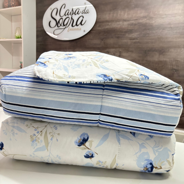 Edredom King Berve Azul Listras Estampado 100% Algodão - Flores Azuis