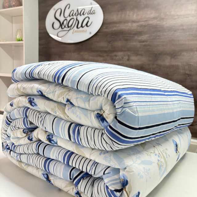 Edredom King Berve Azul Listras Estampado 100% Algodão - Flores Azuis