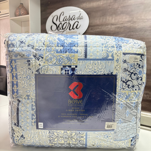 Edredom King Berve Azul Listras Estampado 100% Algodão - Patchwork Azul