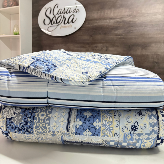 Edredom King Berve Azul Listras Estampado 100% Algodão - Patchwork Azul