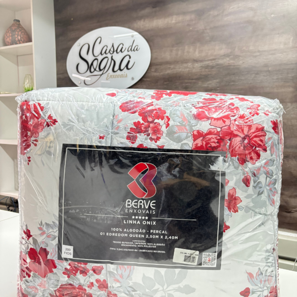 Edredom King Berve Bege Flores Estampado 100% Algodão - Rosas Vermelhas Edredom King Berve Bege Flores Estampado 100% Algodão - Rosas Vermelhas