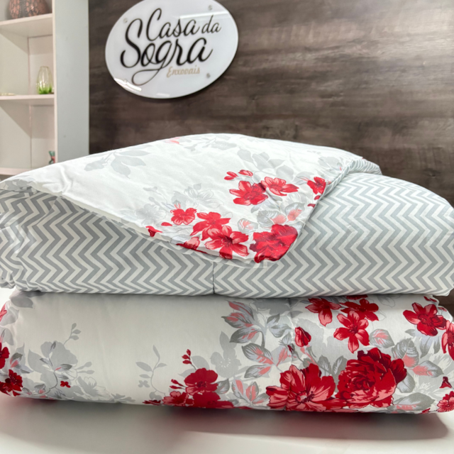 Edredom King Berve Bege Flores Estampado 100% Algodão - Rosas Vermelhas