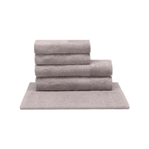 Jogo de Banho Dakota 05 Peças 100% Algodão c/ Aplicação de Renda Sortida Bouton - Bege Jogo de Banho Dakota 05 Peças 100% Algodão c/ Aplicação de Renda Sortida Bouton - Bege