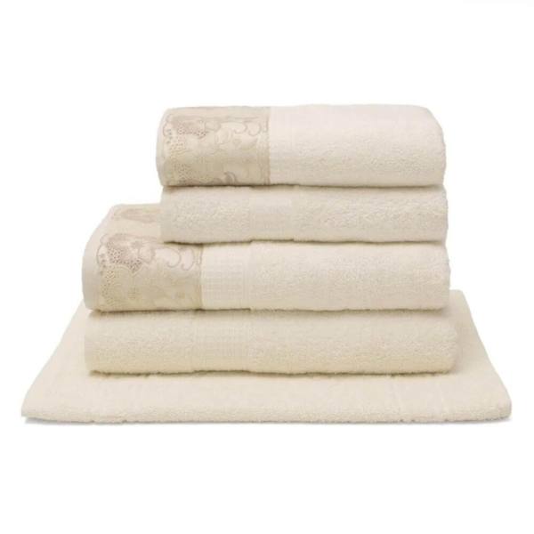 Jogo de Banho Dakota 05 Peças 100% Algodão c/ Aplicação de Renda Sortida Bouton - Pérola Jogo de Banho Dakota 05 Peças 100% Algodão c/ Aplicação de Renda Sortida Bouton - Pérola
