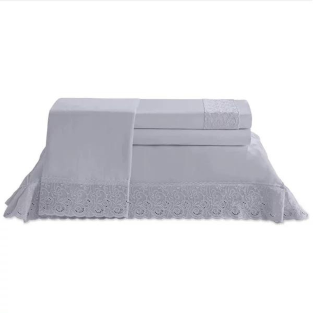 Jogo de Cama Casal 04 Peças Cristal Renda Clarys 300 Fios Buettner - Cinza