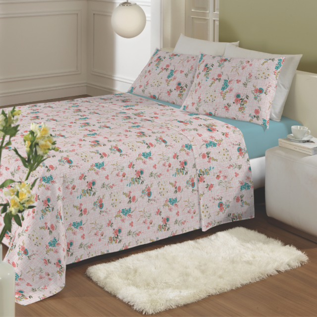 Jogo de Cama Queen 04 Peças Estampado Perene 2,20m x 2,40 Lepper - Flora Azul