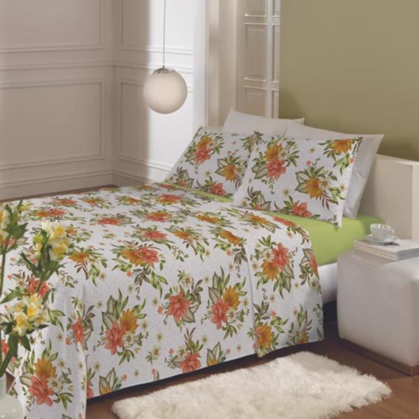 Jogo de Cama Solteiro 03 Peças Estampado Essencia 1,50m x 2,20 Lepper - Flores Verde