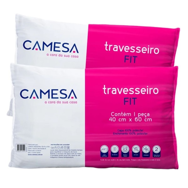 Kit 02 Travesseiros Fit Antialérgico 40cm x 60cm - Camesa