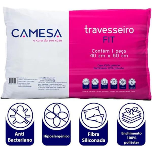 Kit 02 Travesseiros Fit Antialérgico 40cm x 60cm - Camesa