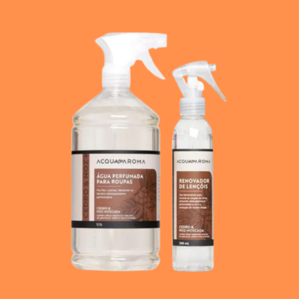 Kit Água Perfumada 1,1L + Renovador de Lençóis 200ml Acqua Aroma - Cedro e Noz Moscada Kit Água Perfumada 1,1L + Renovador de Lençóis 200ml Acqua Aroma - Cedro e Noz Moscada