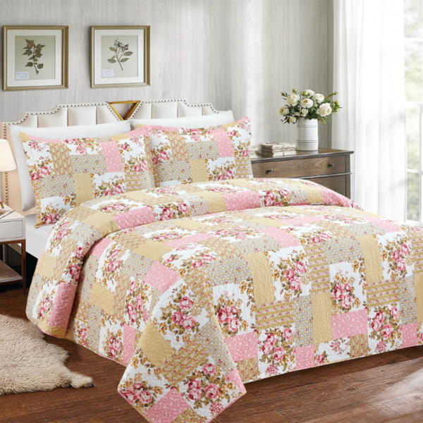 Kit Colcha King 03 peças Patchwork Estampada Realce - Julia Kit Colcha King 03 peças Patchwork Estampada Realce - Julia