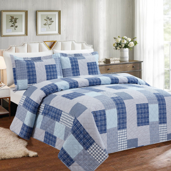Kit Colcha King 03 peças Patchwork Estampada Realce - Milena Kit Colcha King 03 peças Patchwork Estampada Realce - Milena