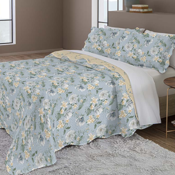 Kit Colcha King Evolution Patchwork 03 Peças Estampado Camesa - Azul Flores Amarelas Kit Colcha King Evolution Patchwork 03 Peças Estampado Camesa - Azul Flores Amarelas
