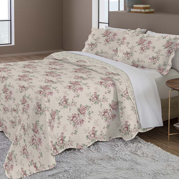 Kit Colcha King Evolution Patchwork 03 Peças Estampado Camesa - Bege Flores Bordo Kit Colcha King Evolution Patchwork 03 Peças Estampado Camesa - Bege Flores Bordo
