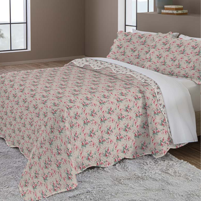 Kit Colcha King Evolution Patchwork 03 Peças Estampado Camesa - Bege Rosas