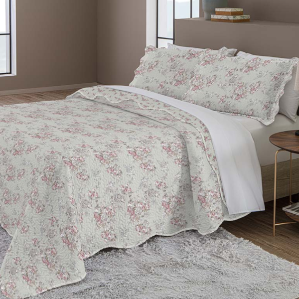 Kit Colcha King Evolution Patchwork 03 Peças Estampado Camesa - Cinza Rosas Kit Colcha King Evolution Patchwork 03 Peças Estampado Camesa - Cinza Rosas