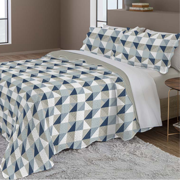 Kit Colcha King Evolution Patchwork 03 Peças Estampado Camesa - Geometrico Branco Marinho Kit Colcha King Evolution Patchwork 03 Peças Estampado Camesa - Geometrico Branco Marinho
