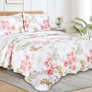 Kit Colcha King Garden 03 Peças Estampado Camesa - Floral Rosa Verde