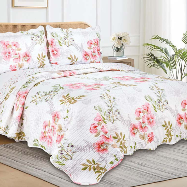 Kit Colcha King Garden 03 Peças Estampado Camesa - Floral Rosa Verde