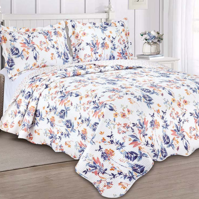 Kit Colcha Queen Garden 03 Peças Estampado Camesa - Floral Marinho Laranja