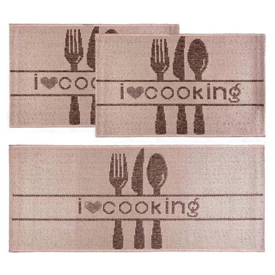 Kit Tapete de Cozinha Eco 3 peças Cooking - Bege e Marrom