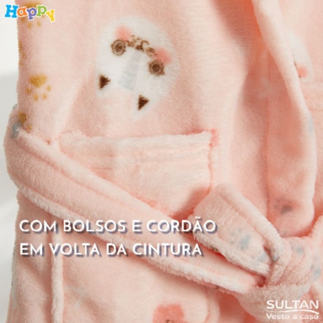 Roupão Infantil Manga Longa c/ Xale Linha Happy Day Sultan - Gatinhos (confira tamanhos)