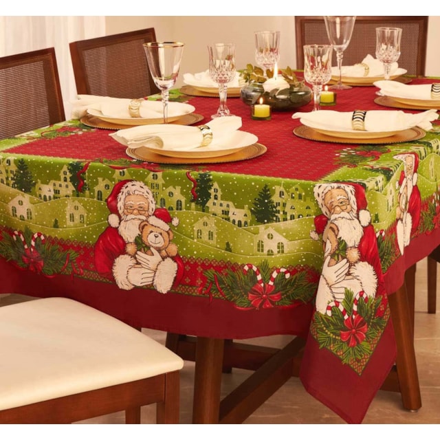 Toalha de Mesa Super Pratica Natal Retangular 1,55m X 2,50m Lepper - Encanto Papai Noel