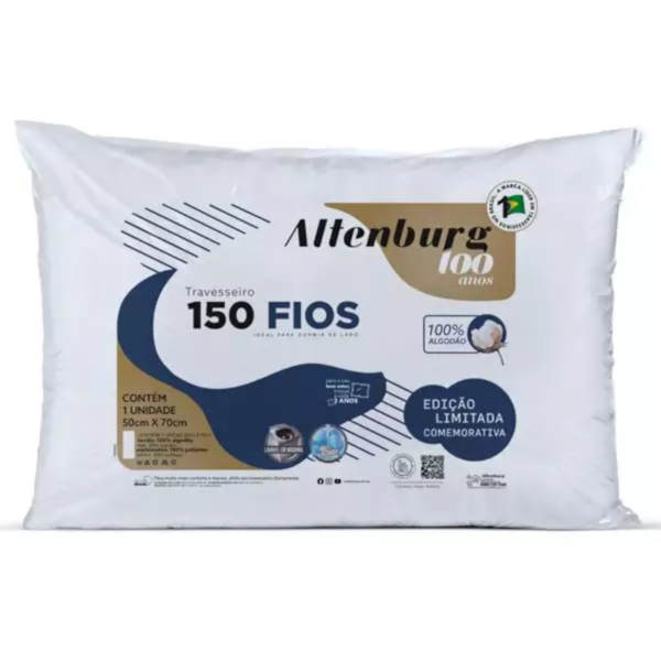 Travesseiro 100% Algodão Percal 150 Fios 50cm x 70cm Coleção 100 Anos - Altenburg